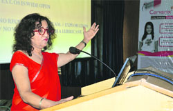Dr Maninder Ahuja, vice-president of the Federation of Obstetric and Gynaecological Societies, addresses a workshop on cervical cancer at the IMA House in Ludhiana.