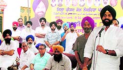 Revenue Minister Bikram Singh Majithia addresses a rally in Mukerian on Sunday