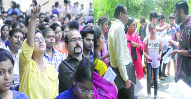 Students and parents participate in an open house session on the Four-Year Undergraduate Programme.@@( R) The members of All India Students Association (AISA) protesting against the programme on North Campus at Delhi University on Monday. 