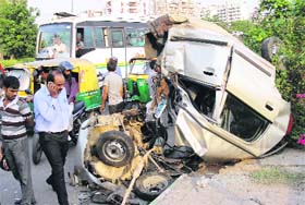 One killed in Gurgaon car accident: The damaged car after its accident in Sector 44, Gurgaon, on Monday