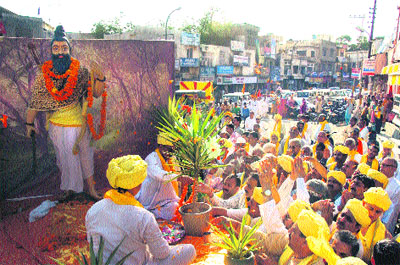 Followers of Lord Parshuram participate in a religious procession to mark his birth anniversary in Jammu on Monday.