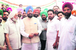 Punjab Pradesh Congress Committee president Partap Singh Bajwa attends an election rally at Samrala on Monday. 