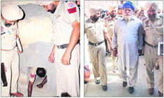 Policemen display how the kingpin of the looters gang, Kashmir Singh, used to enter the bunker built in his house to hide himself and looted goods; and (right) the accused in police custody in Amritsar