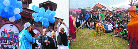 Tourism Minister Ghulam Ahmad Mir inaugurates the Kashmir Tourism Festival; and (right) Band Pather artistes perform during the festival at Kashmir Haat in Srinagar on Tuesday. 
