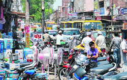A huge traffic jam at the Chheharta bazaar in Amritsar on Wednesday. Tribune photo: Sameer Sehgal