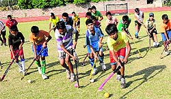 Players take part in a summer hockey camp at the Hockey Stadium, Sector 18, in Chandigarh on Wednesday