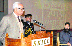 Governor NN Vohra speaks at the 1st Al-Khuddam Tourism Conclave at the Sher-e-Kashmir International Convention Centre in Srinagar on Tuesday. 