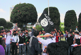 Kashmir University students at a rally organised to observe Al Nakba Day in Srinagar on Wednesday.