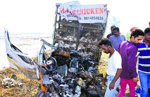 The mangled remains of the tempo that collided with a truck near Kup village on the Ludhiana-Malerkotla road on Wednesday. 