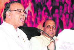 BJP president Rajnath Singh and Arun Jaitley at a press conference in New Delhi on Wednesday.