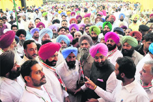 PPCC president Partap Singh Bajwa, MP Ranveet Singh Bittu and MLA Balbir Singh Sidhu at an election rally in Sohana village of Mohali on Wednesday. 