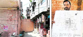 The chunk of MC land outside Krishan Thakurs house which invited controversy near Town Hall in Amritsar; (right) a man shows a map of the area in Amritsar on Thursday