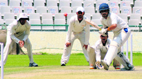 A cricket match in progress between Mohali and Jalandhar for the Dhruv Pandove Trophy at the PCA Stadium in Mohali on Thursday.