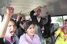 Students raise slogans after being arrested at HPU in Shimla on Thursday.