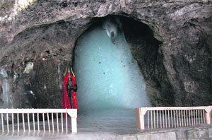 The first view of the Shivalingam at the Amarnath cave shrine, which is situated at an altitude of 12,756 ft and is about 141 km from Srinagar.