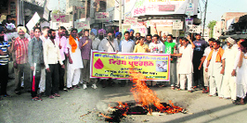 People burn an effigy of Punjab Health Minister Madan Mohan Mittal during a protest against the recent hike in the price of a blood unit at Rampura on Friday.
