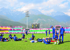 Mumbai Indians players at a training session in Dharamsala on Friday.