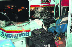 The damaged bus of Haryana Roadways in Zirakpur on Saturday. 