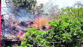 Fire erupts in a mountain terrain near Har-Ki-Pauri due to burning cigarette left by a passerby in Haridwar.