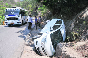  A car rolled down in a nullah near Nandani on the Jammu-Udhampur Highway in Jammu on Saturday. 