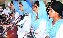 A team participates in the 25th Inter-School Shabad Gayan Competition, organised by Guru Amar Dass Public School at Gurdwara Sri Guru Singh Sabha, Model Town, in Jalandhar on Saturday