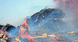The debris left after the fire at Punjab Paper Mills on Hambran Road in Ludhiana on Saturday.
