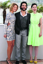 French actors Lea Seydoux and Tahar Rahim and director Rebecca Zlotowski during a photocall for the film Grand Central at the Cannes Film Festival on Saturday.  AFP