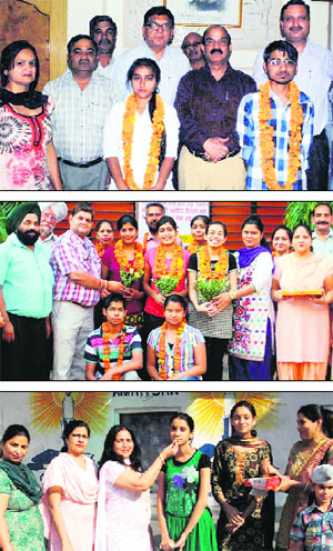 (From top) Members of the administration and staff of DAV Senior Secondary School; Pawan Senior Secondary School; and Ajit Vidyalaya felicitate students for their remarkable performance in Class XII PSEB examinations in Amritsar. 