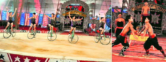 Artistes of the Great Bombay Circus perform in Bathinda on Sunday. Heat and harvesting season contributed to the lukewarm response to the circus from the people.