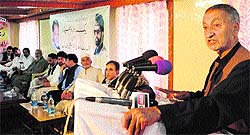 Moderate Hurriyat Conference leader Abdul Gani Bhat addresses a seminar 