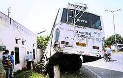The PRTC bus which met with an accident at Lehra village near Mandi Ahmedgarh on Sunday