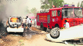 Vehicles reportedly belonging to SAD workers torched outside a polling station in Mann village of Muktsar district on Sunday.