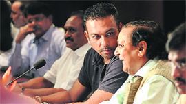 Former cricketer Ravi Shastri and MP Pandove at the Emergent Working Committee meeting to discuss the spot-fixing controversy in the ongoing IPL, in Chennai on Sunday.