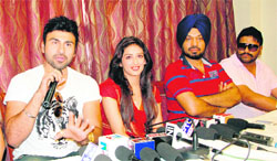 Aarya Babbar, Sameksha and Gurpreet Singh Ghuggi promote their upcoming Punjabi movie Jatts in Golmaal in Amritsar on Monday.