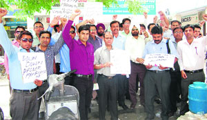 In protest mode: Members of the Punjab and Chandigarh Medical and Sales Representatives Union stage a protest in Bathinda on Monday.