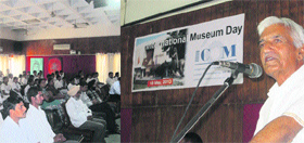 Dr RD Mehla, librarian, Kurukshetra University, addresses the audience at the International Museum Day celebrations held on the premises of Srikrishna Museum, Kurukshetra, on Saturday.