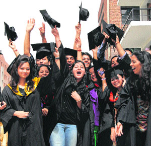 Graduates in a jubilant mood after receiving their degrees at the convocation of Lovely Professional University, near Jalandhar, on Monday.