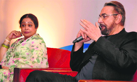 Mumbai film industry celebrities Kirron Kher and Kabir Bedi address the conference at Hotel Shivalikview in Chandigarh on Tuesday.
