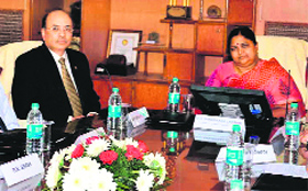 Panabaaka Lakshmi, Union Minister of State for Petroleum, Natural Gas and Textiles, during her visit to the ONGC in Dehradun on Tuesday.