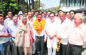 HPCC chief Sukhvinder Singh Sukhu is welcomed at Chamba on Tuesday.