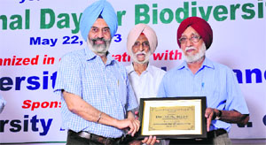 CUP Vice-chancellor Dr Jai Rup Singh (left) with the scholars at the International Biodiversity Day celebrations in Bathinda on Wednesday. 