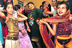 Choreographer Saroj Khan dances with students at Gian Jyoti Global School, Phase II, Mohali, on Wednesday
