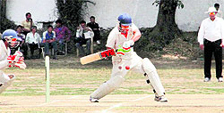 A batsman plays a shot during the All-India Gold Cup Cricket Tournament in Dehradun on Wednesday