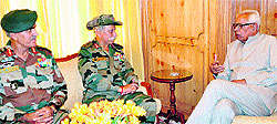 Governor NN Vohra with GOC-in-C, Northern Command, Lt Gen KT Parnaik and GOC, 15 Corps, Lt Gen Om Prakash (extreme left) in Srinagar on Wednesday