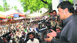 Bilal Gani Lone addresses a public gathering at Harai, in north Kashmirs Kupwara district, on Wednesday. Tribune photo: Amin War