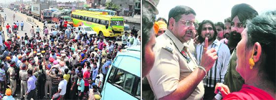 Area residents and relatives of the victim of a rape bid block the NH-I in Ludhiana on Wednesday; and (right) a policeman tries to pacify the protesters.