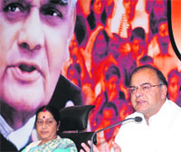 Senior BJP leaders Sushma Swaraj and Arun Jaitely at a press conference in New Delhi on Wednesday. Tribune photo: Manas Ranjan Bhui