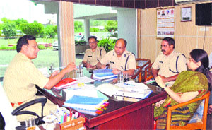 IGP Anil Rao interacts with SPs during a meeting in Rohtak. 