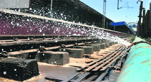 Water leaks from a broken pipe neat platform number 1 at the Ludhiana railway station.