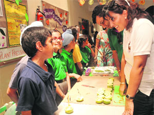 Students explain their projects to visitors during an exhibition at Yadavindra Public School in Phase VII, Mohali, on Friday.